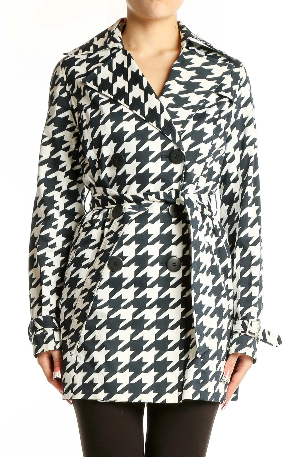 Black and White Houndstooth Trench Coat