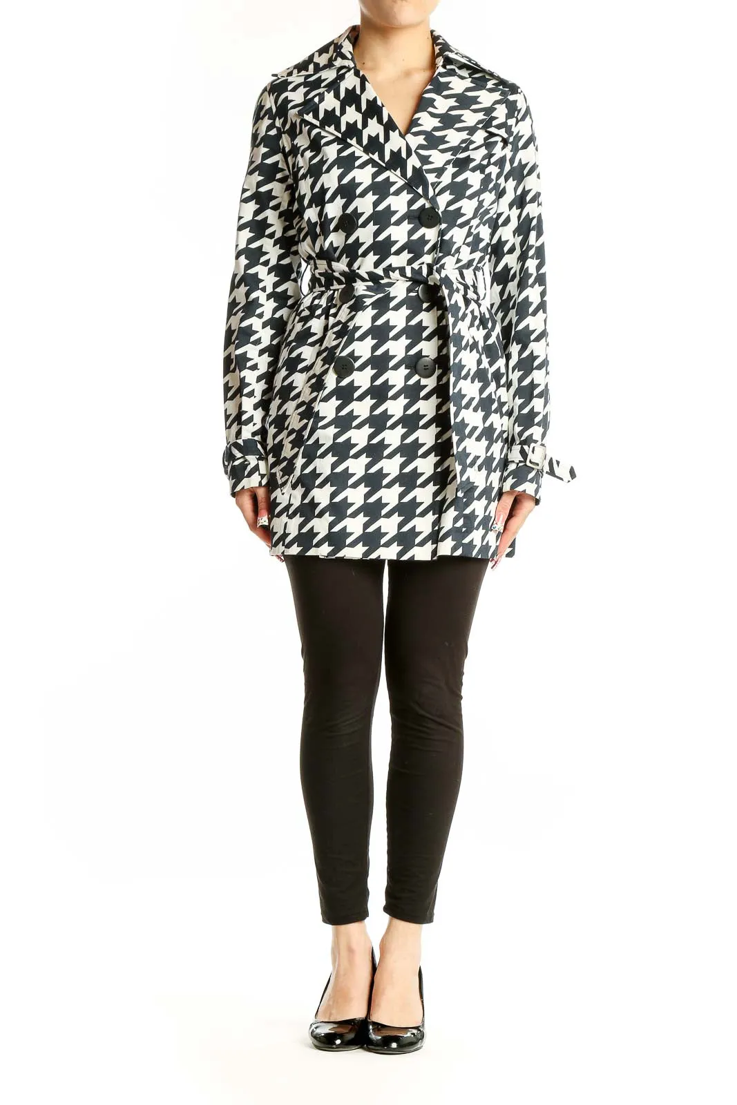 Black and White Houndstooth Trench Coat