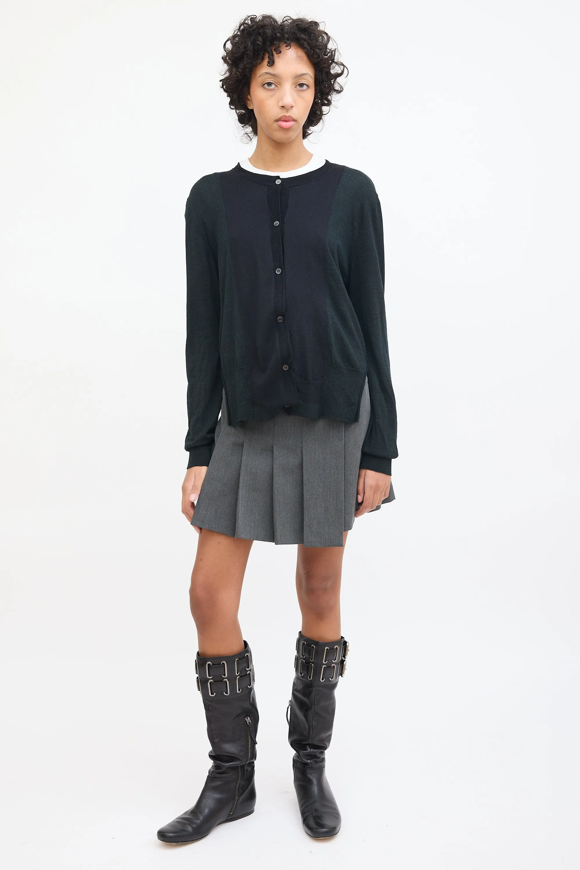 Dark Green & Black Wool Panelled Cardigan