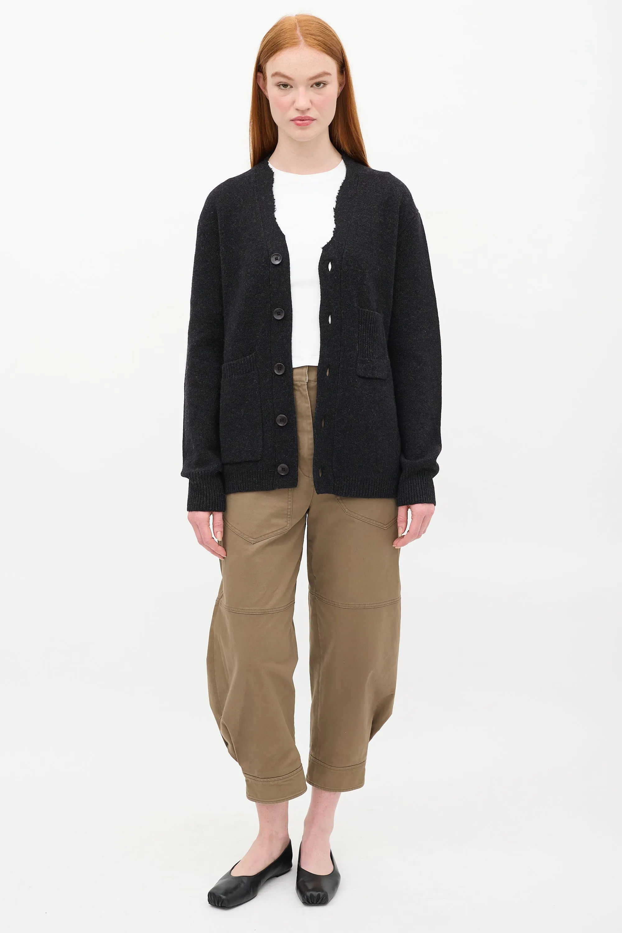 Dark Grey Wool Raw V-Neck Cardigan