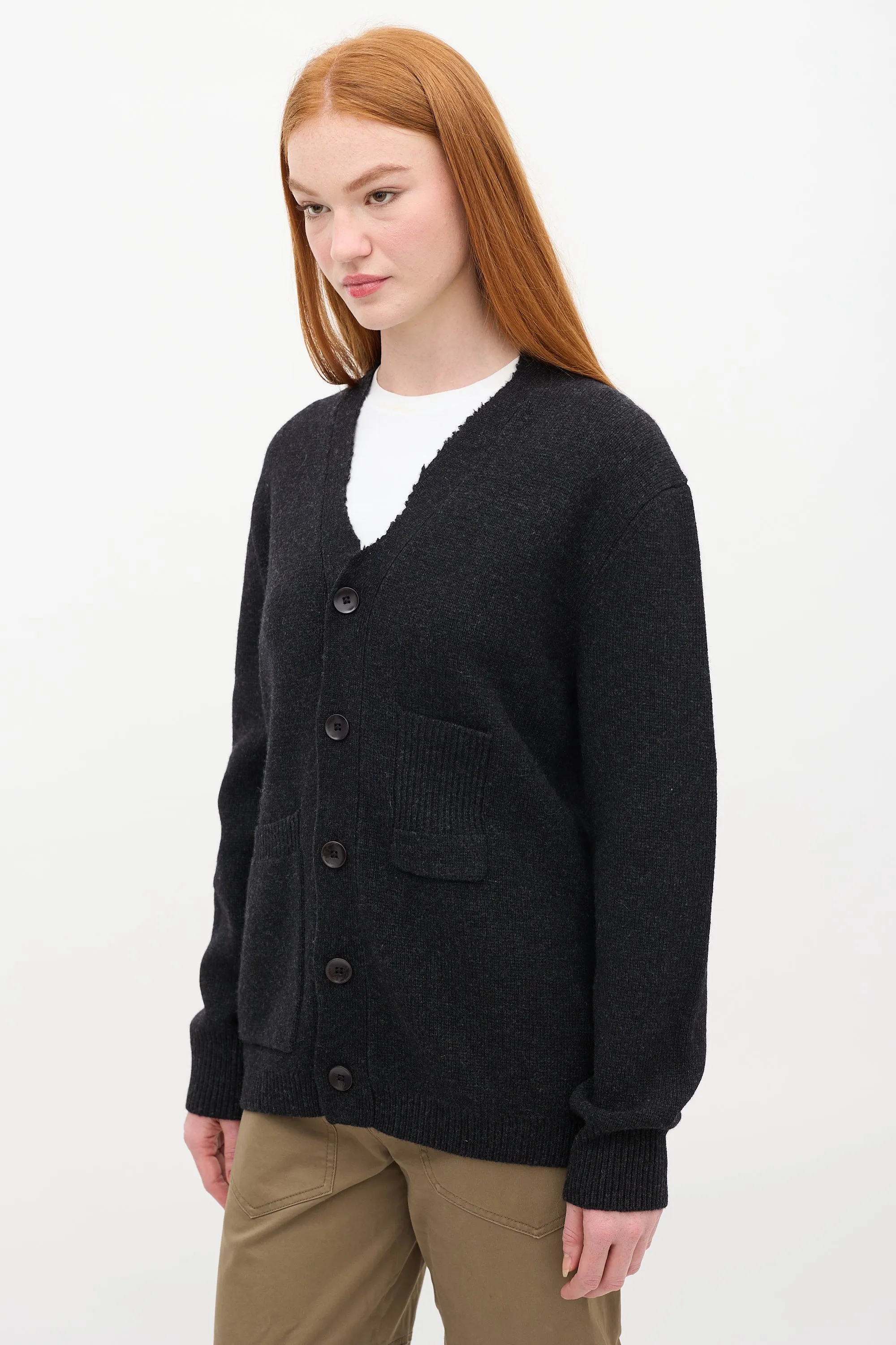 Dark Grey Wool Raw V-Neck Cardigan