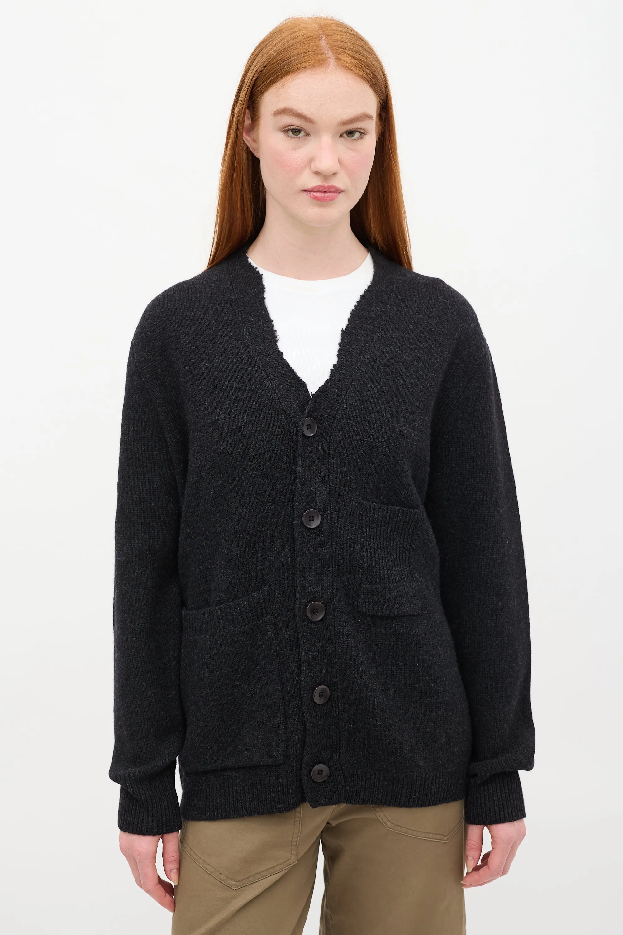 Dark Grey Wool Raw V-Neck Cardigan