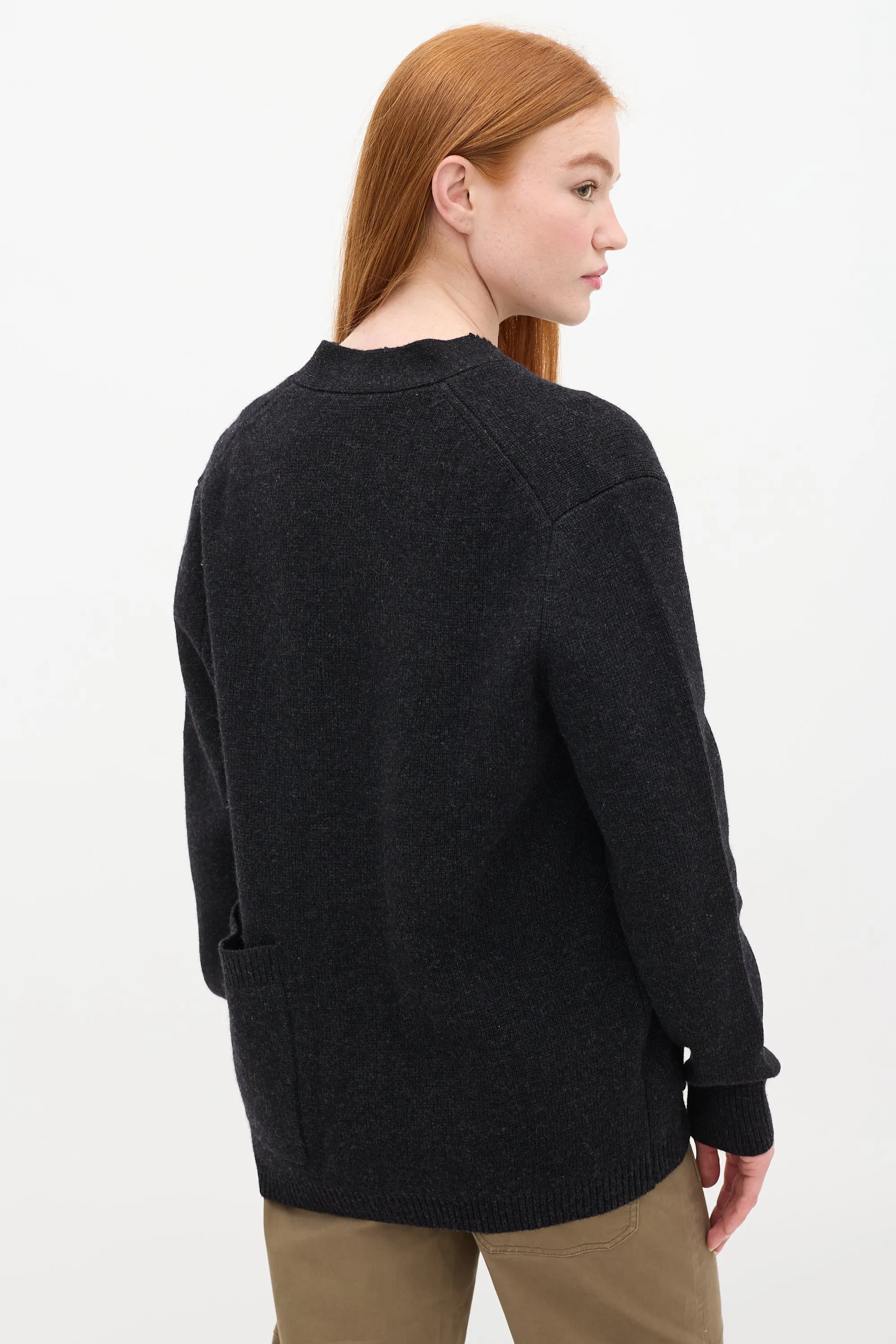 Dark Grey Wool Raw V-Neck Cardigan