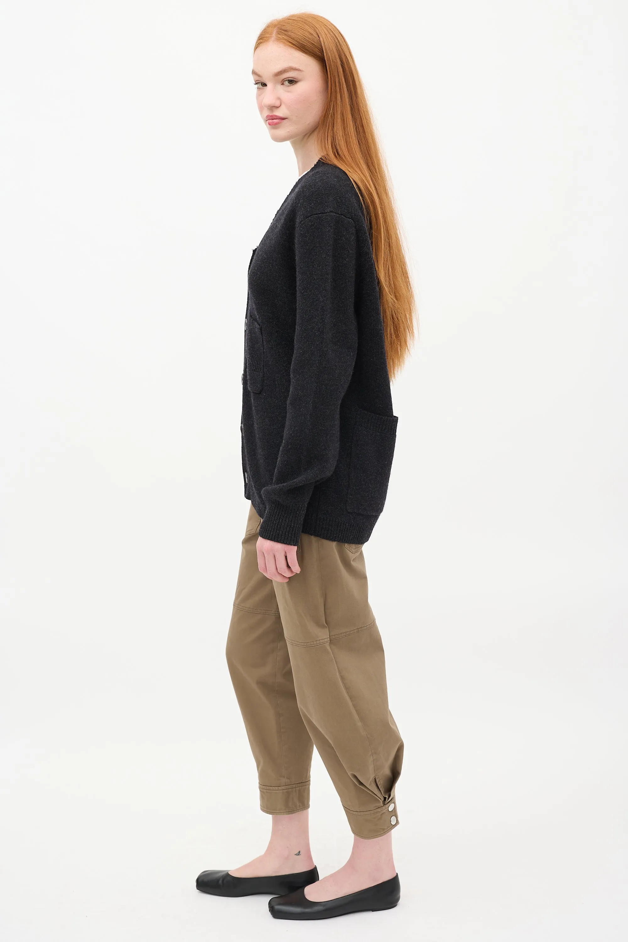 Dark Grey Wool Raw V-Neck Cardigan