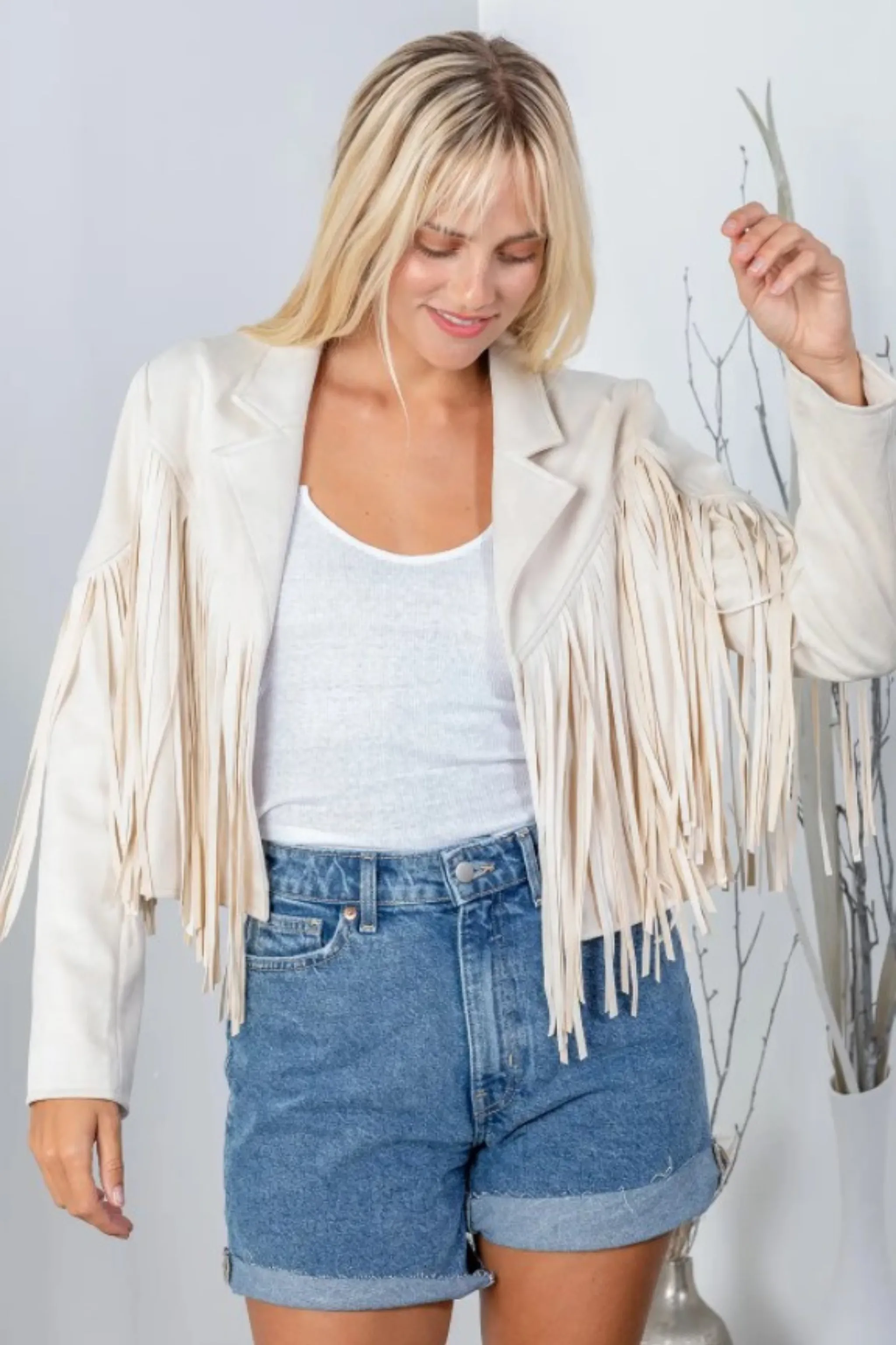 Faux Suede Fringe Jacket - Ivory