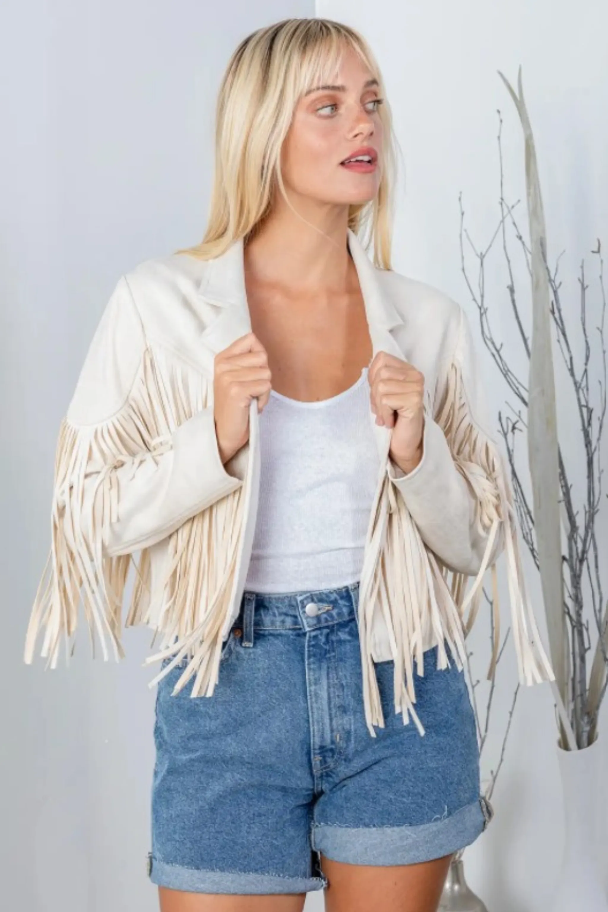 Faux Suede Fringe Jacket - Ivory