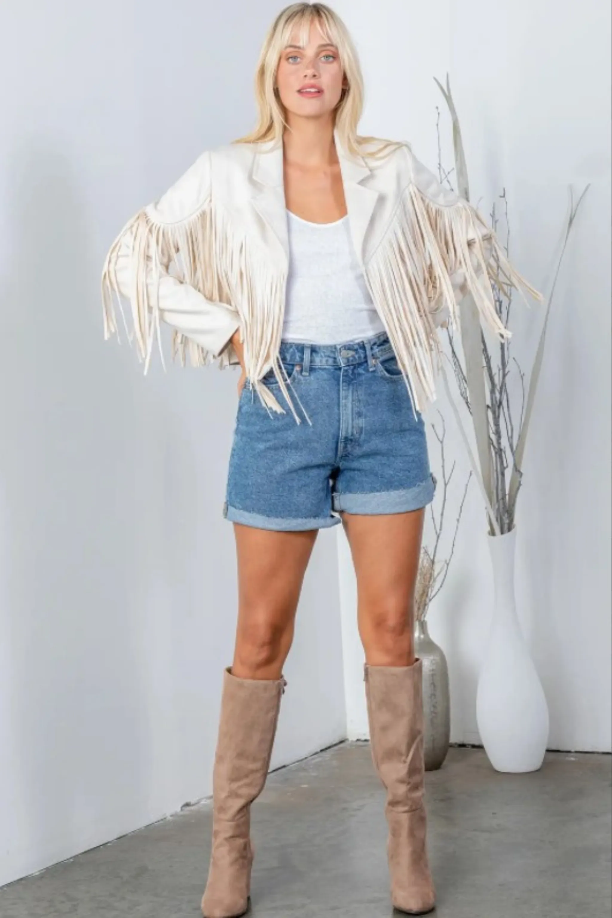 Faux Suede Fringe Jacket - Ivory