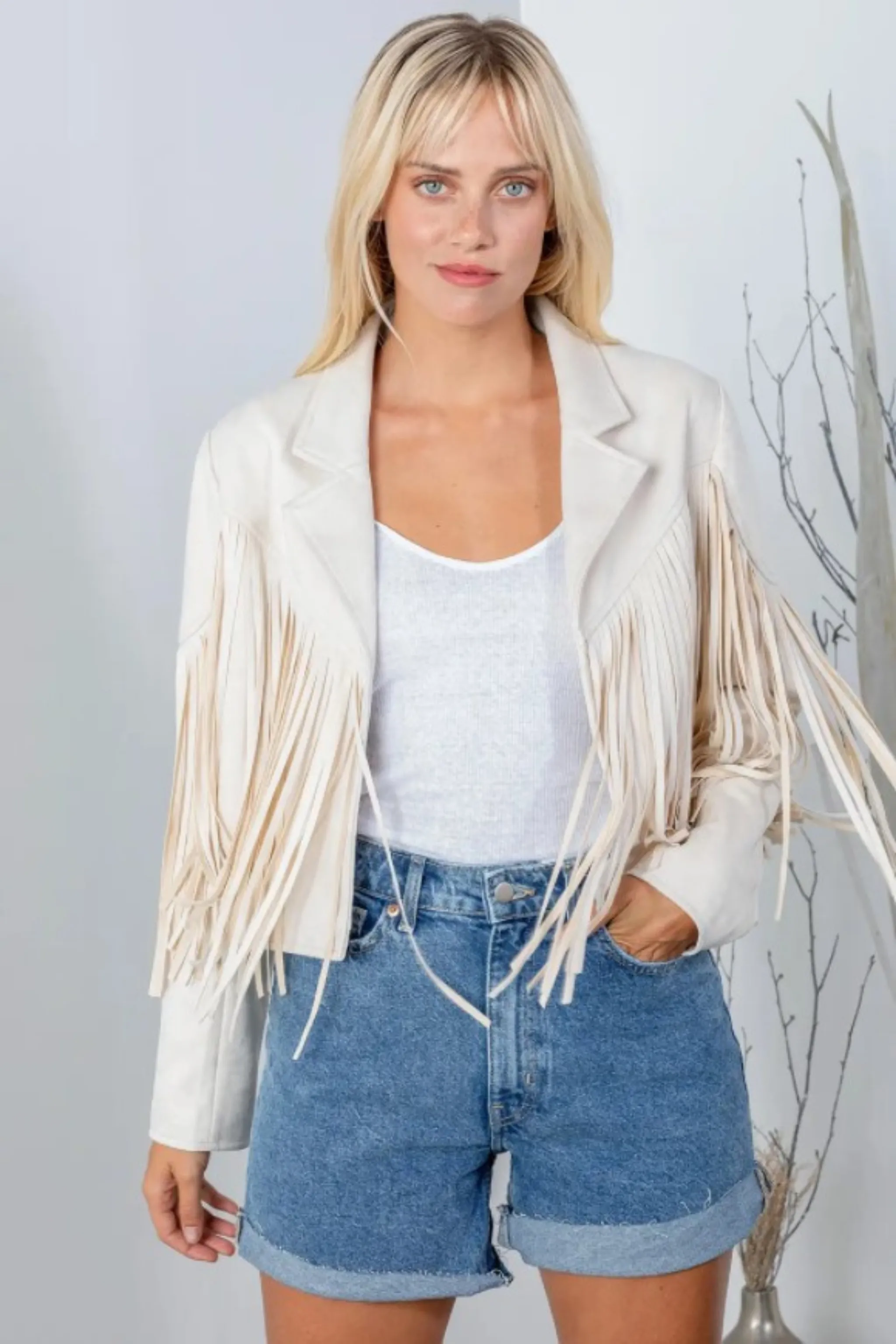 Faux Suede Fringe Jacket - Ivory