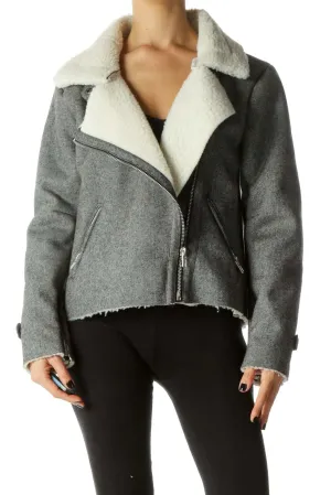 Gray & White Shearling Textured Zippered Jacket