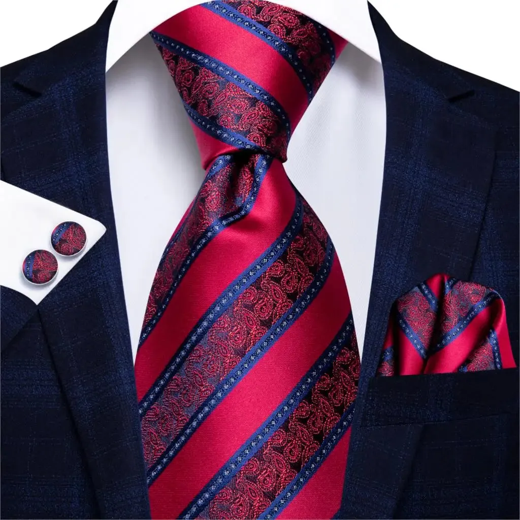 Hi-Tie Red Fashion Business Striped 100% Silk Men's Tie NeckTie 8.5cm Ties for Men Formal Luxury Wedding Quality Gravata