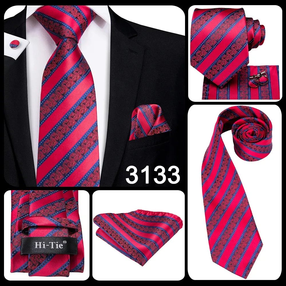 Hi-Tie Red Fashion Business Striped 100% Silk Men's Tie NeckTie 8.5cm Ties for Men Formal Luxury Wedding Quality Gravata