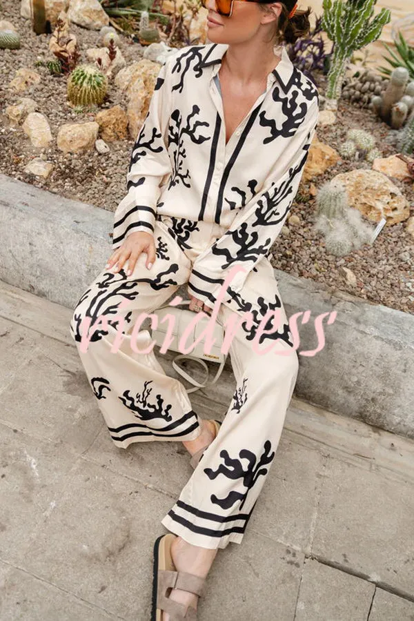 Light and Comfortable Satin Unique Print Elastic Waist Pocketed Wide Leg Pants