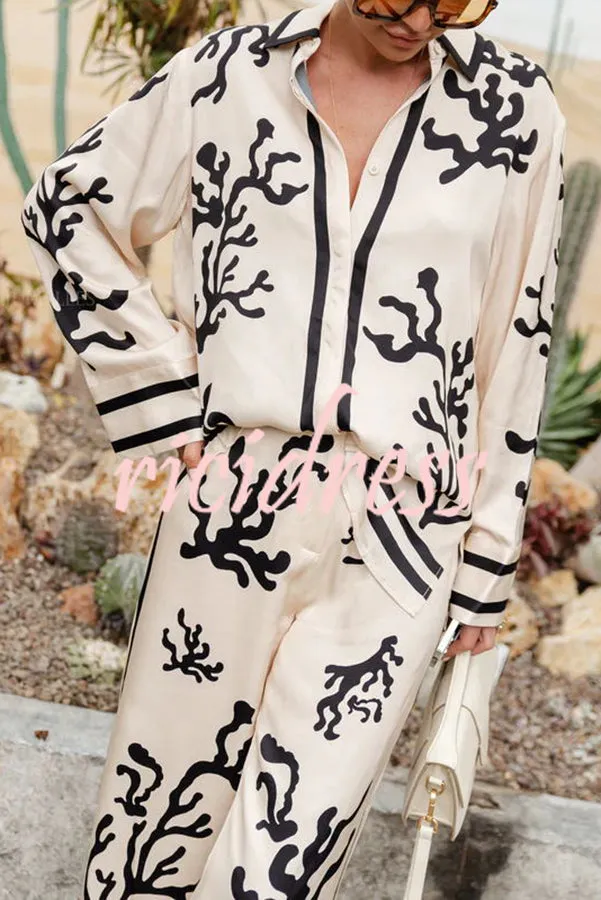 Light and Comfortable Satin Unique Print Elastic Waist Pocketed Wide Leg Pants