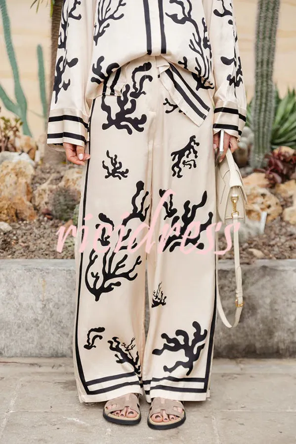 Light and Comfortable Satin Unique Print Elastic Waist Pocketed Wide Leg Pants