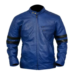 Men's Racing Biker Blue Leather Jacket Black Stripes