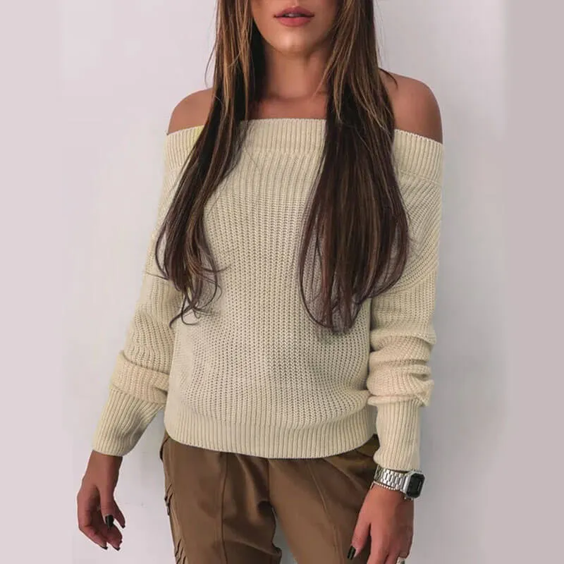 Off Shoulder Solid Knitted Sweater