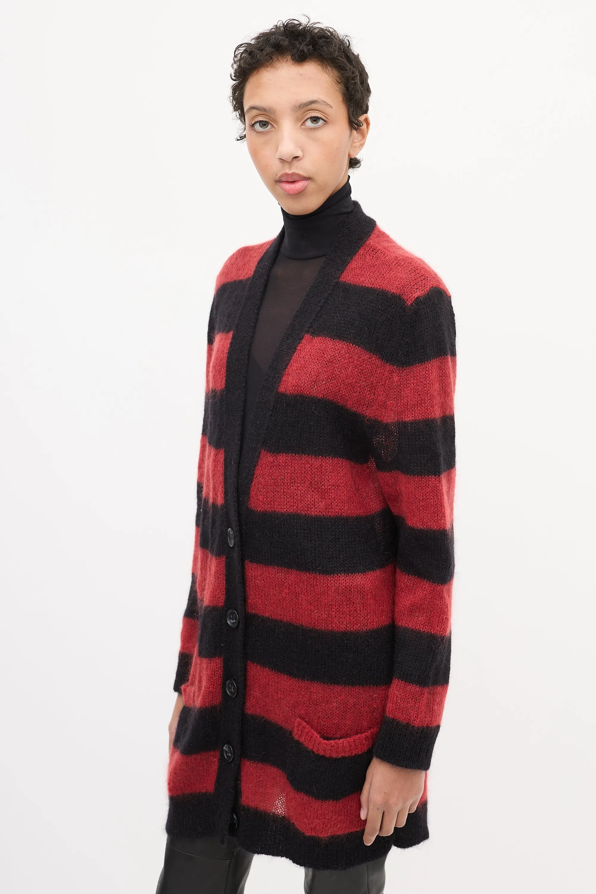 Red & Black Mohair Striped Cardigan
