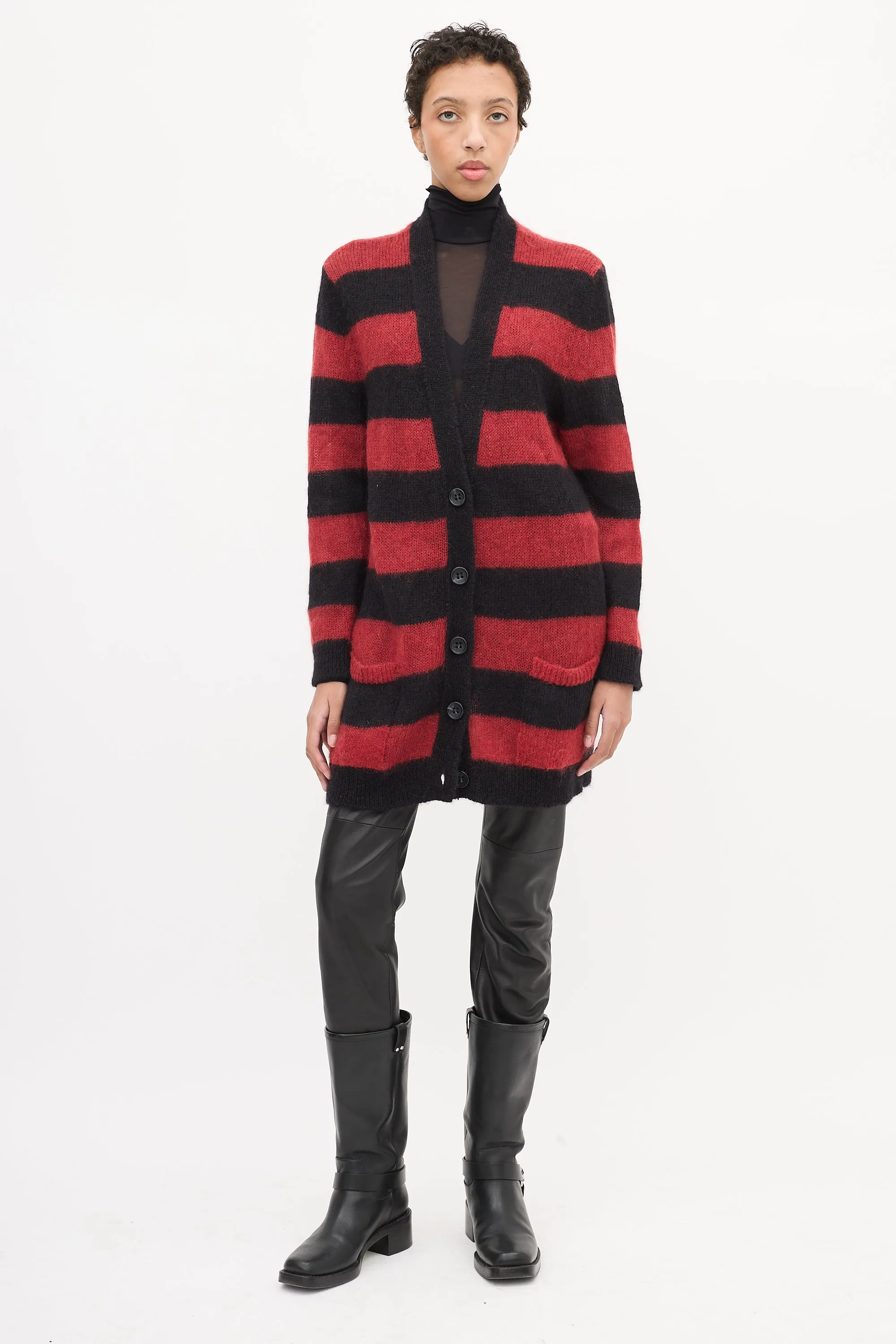 Red & Black Mohair Striped Cardigan