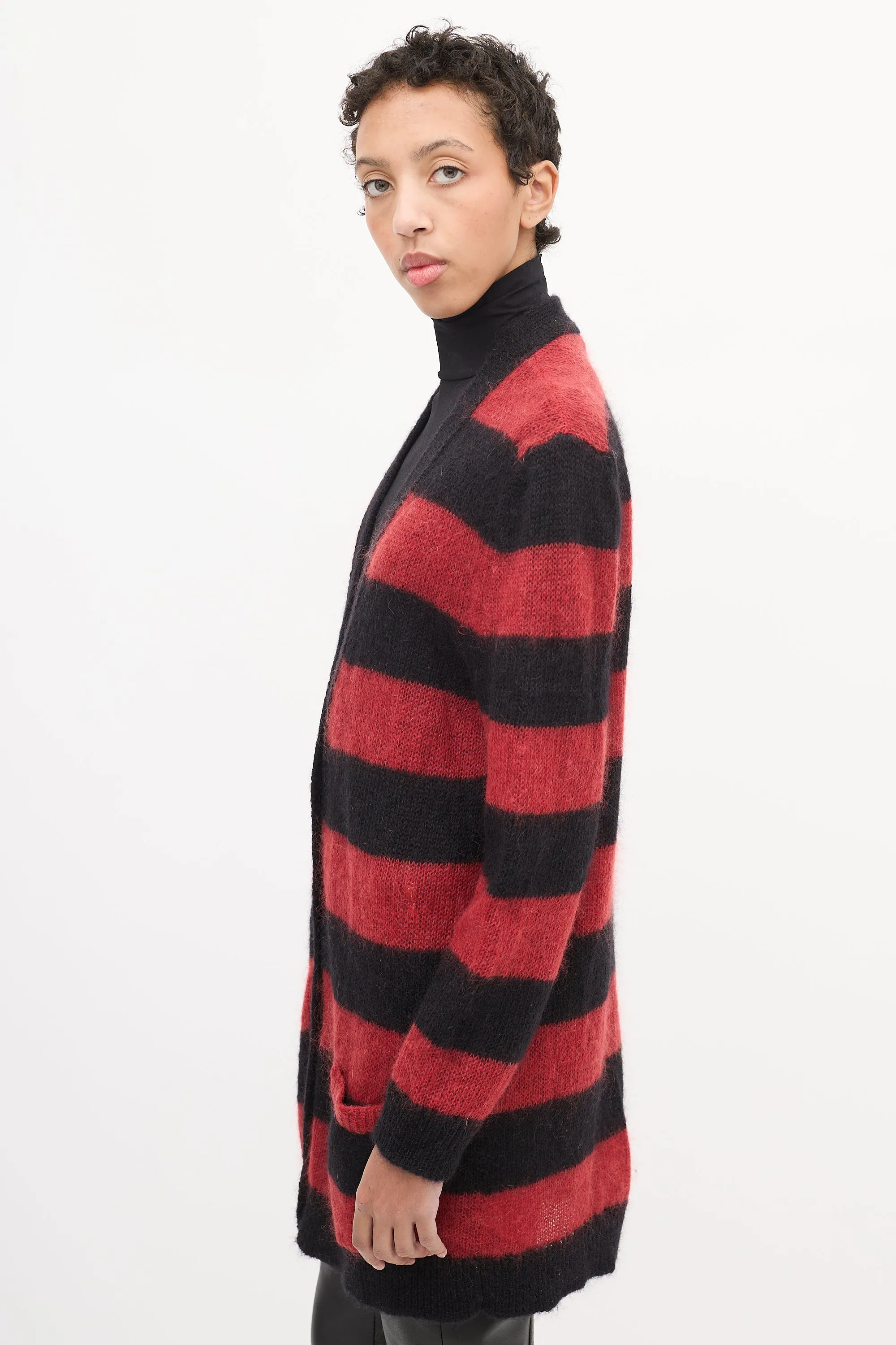 Red & Black Mohair Striped Cardigan