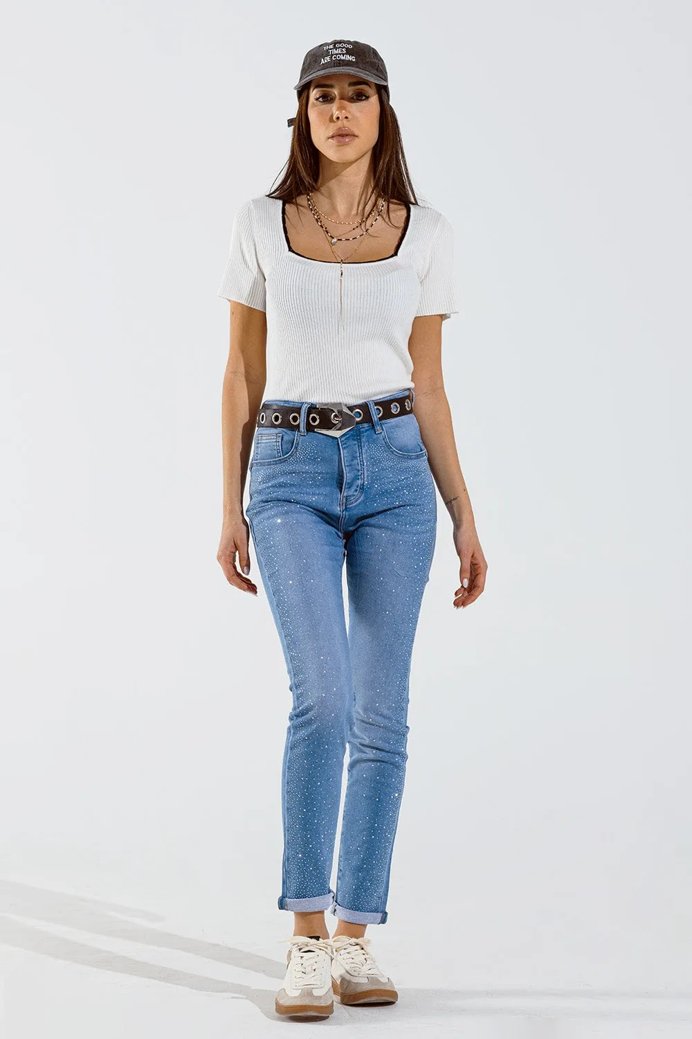 White Knitted Short Sleeve Sweater With Square Neck and Black Trim